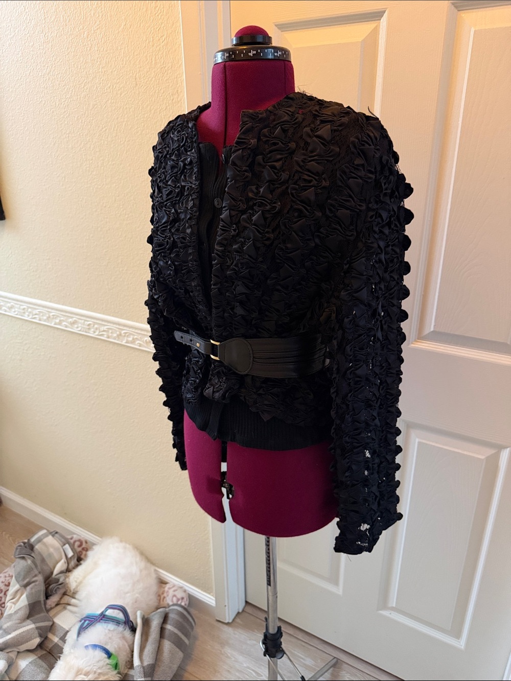 Black Textured Ruffle Open-Front Jacket with Belt - Picture 3 of 3